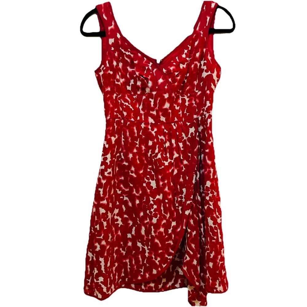 NANETTE LEPORE Red and Beige "In the Wild" Silk Faux Wrap Sleeveless Dress Sz 0
